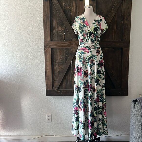 KOH KOH Summer V Neck Long Cap Sleeve Maxi Floral Dress - Picture 3 of 13